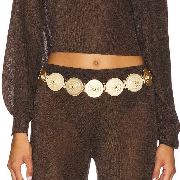 YLLW THE LABEL Marbella Belt in Matte Gold Metal Circle Disk - Picture 1 of 3